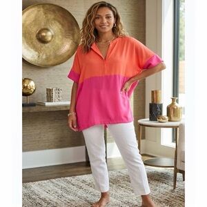 NWT Echo Colorblock Silky Smooth Kaftan Blouse- Vibrant Orange and Pink- Medium